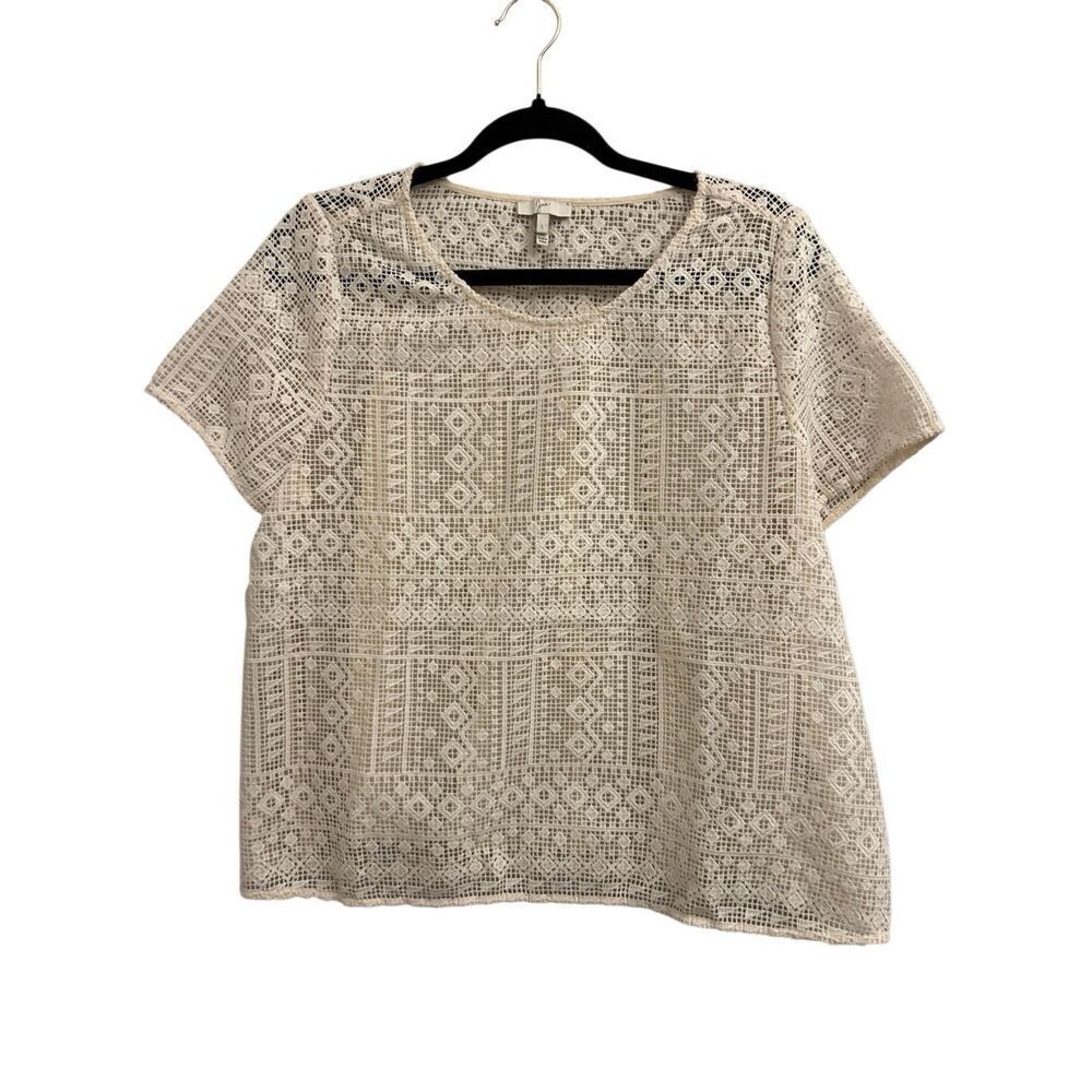 Joie multi media crochet lace silk blouse size L boho classic office